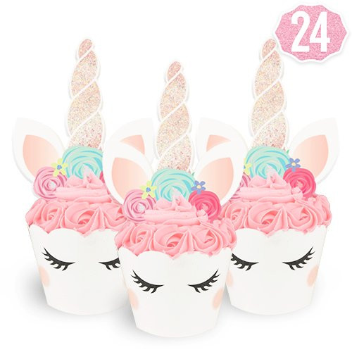 xo, Fetti Unicorn Cupcake Toppers + Wrappers | Birthday Party Supplies, Unicorn Horn Cake Decoration + Baby Shower - Set of 24