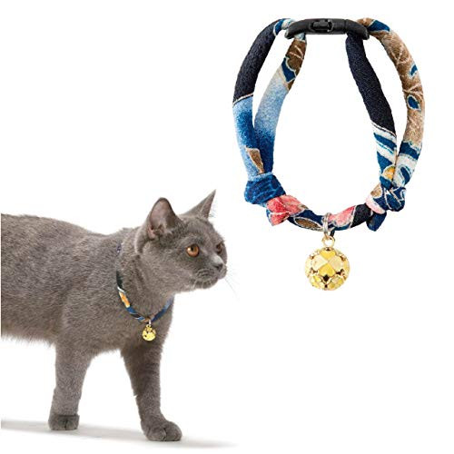 Necoichi Chirimen Cat Collar with Clover Bell, Navy