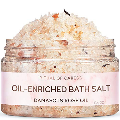 Soothing Bath Salt | Ritual of Caress | with Natural Damascus Rose & Peach Essential Oils | Romantic Bath Salts for Relaxation & Stress Relief | Dead Sea Salt Bath Soak for Body & Foot  12.7 Oz