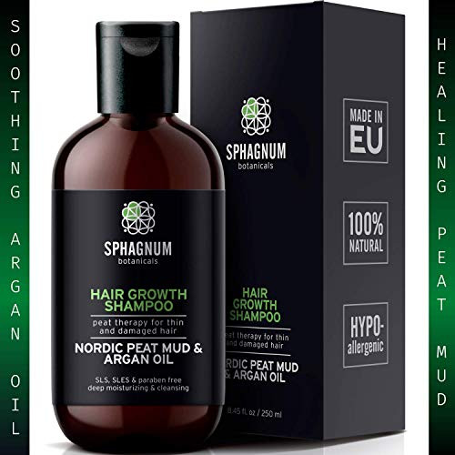 Natural Hair Growth Shampoo - with Biotin, Peat Mud and Argan Oil - Organic DHT Blocker - No SLS, Parabens, Sulfates - Effective Anti Hair Loss and Thickening Treatment for Thinning Hair