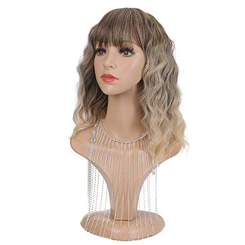 Bybrana Hair Short Bob Wig Brown Curly Hair With Air Bangs Wave Wig Female Wig Color Gradient Synthetic Wig for Girls Cosplay and Daily Use (14")