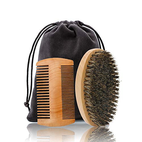 Dual Action Beard Comb and Beard Brush Set for Men, Natural Boar Bristle Beard Brush and Double-Sided Beard Comb Kit, Great for Grooming Beard and Mustache