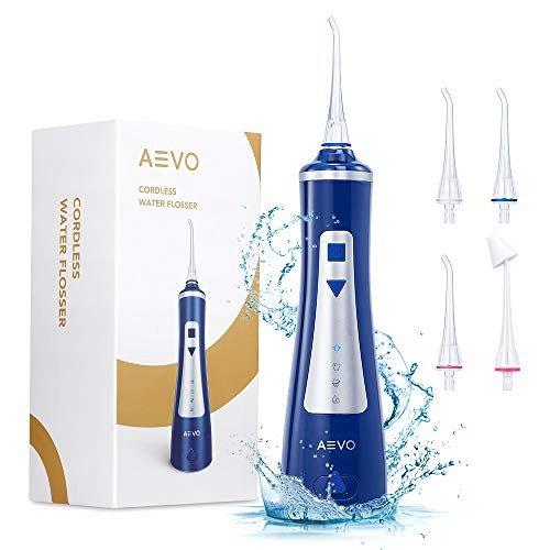 AEVO Cordless Water Flosser, Dental/Oral Irrigator [Portable & Rechargeable] [IPX7 Waterproof] [4 Modes] Water Flosser with 240 ml Cleanable Water Tank for Home & Travel, Braces & Bridge Care, Blue