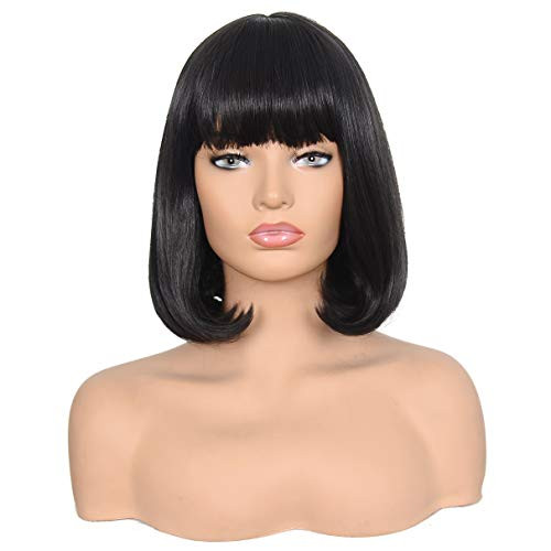 Morvally Short Straight Bob Wig Heat Resistant Hair with Blunt Bangs Natural Looking Cosplay Costume Daily Wigs (14", 2# Black)