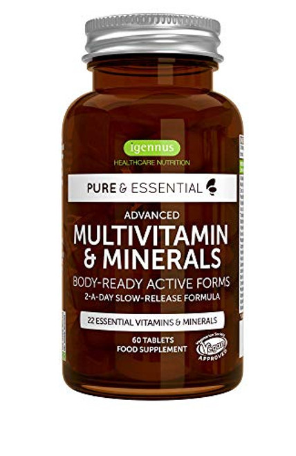 Pure & Essential Methylated Multivitamin & Minerals with Iron, Methylfolate, Zinc, Vitamin D3 & K2, Timed Release, Vegan, 60 Tablets