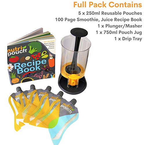 Nutripouch Drinks Reusable Pouch Storage System  Store home Made Juices, Energy Drinks & Smoothies in reusable pouches - Ideal smoothie Accessory, 5 x (8oz) 250ml pouches & 70+ drinks recipe book
