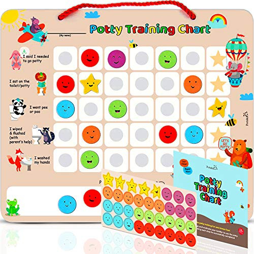 PutskA Potty-Training-Magnetic-Reward-Chart for Toddlers - Potty Chart with Multicolored Emoji & Star Stickers  Motivational Toilet Training for Boys & Girls (Animal Theme)