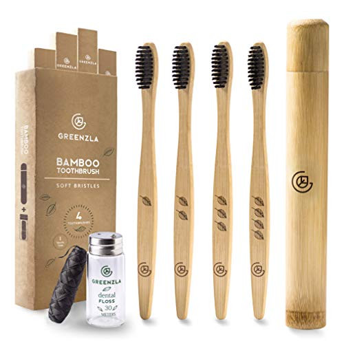 Greenzla Bamboo Toothbrush (4 Pack) with Travel Toothbrush Case & Charcoal Dental Floss | Natural Eco Friendly Toothbrushes for Adults | BPA Free, Soft Bristles & Biodegradable Wooden Toothbrush Greenzla Bamboo Toothbrush (4 Pack) with Travel Toothbrush Case & Charcoal Dental Floss | Natural Eco Friendly Toothbrushes for Adults | BPA Free, Soft Bristles & Biodegradable Wooden Toothbrush