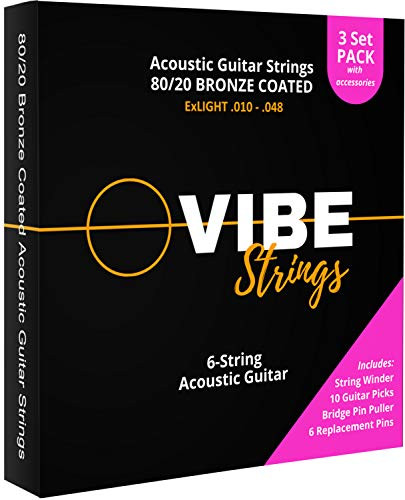 VIBE Strings Acoustic Guitar Strings, 80/20 Bronze Coated Acoustic Strings Extra Light (.010-.048), Pack of 3 Sets + Restringing Accessory Pack