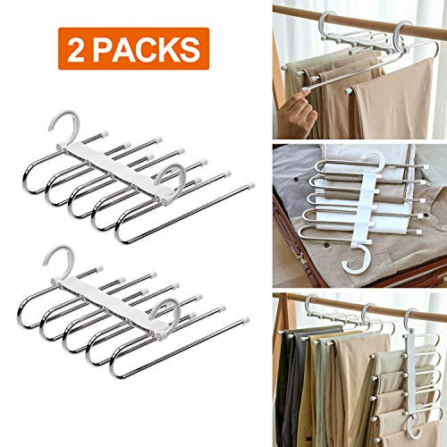 Vitalome Pants Hangers 5 Layers Stainless Steel Non-Slip Space Saving Clothes Closet Storage Organizer for Pants Jeans Trousers Skirts Scarf(White 2 Packs)