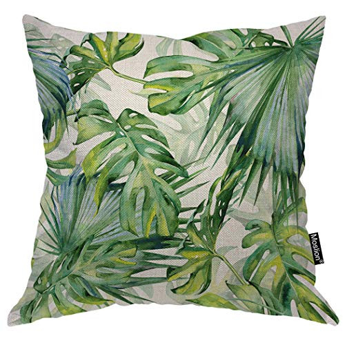 Moslion Palm Leaf Pillows Tropical Jungle Forest Botanical Plant Palm Tree Banana Leaves Throw Pillow Cover Decorative Pillow Case Square Cushion Accent Cotton Linen Home 18x18 Inch Green