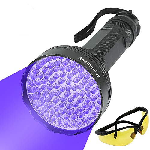 UV Black Light Flashlight, Super Bright 100 LED Pet Dog Cat Urine Detector light Flashlight for Pet Urine Stains, Professional Blacklight Flashlight with UV Sunglasses for Scorpions Hunting