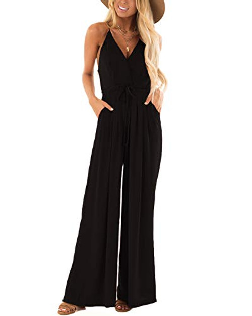 Celmia Womens V Neck Jumpsuits Summer Casual Sleeveless Spaghetti Strap Romper Long Pants Black 2XL