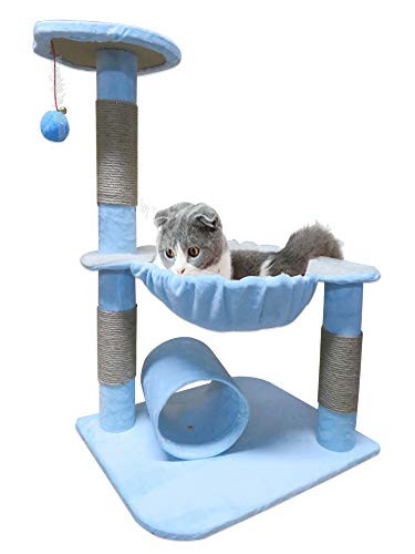 Littlefun Cat Tree Condo Scratching Post Kittens Interactive Play Toys, Plush Sisal Scratch Pole Cat Kitten Scratcher and Hammock (Light Blue, Cat Hammock with Scratching Posts)