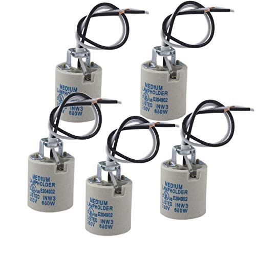 5pcs Ceramic Standard Medimun Screw Base Socket E26 E27 Bulb Holders With Wire for Hot Halogen Bulb (E26 5pcs)