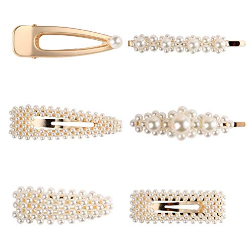 Fashion Imitiation Pearl Hairpins Korea Vintage Flower Barrettes Long Hair Clips Accessory Handmade Metal Golden Hairgrip for Women Girls (6 PCS)