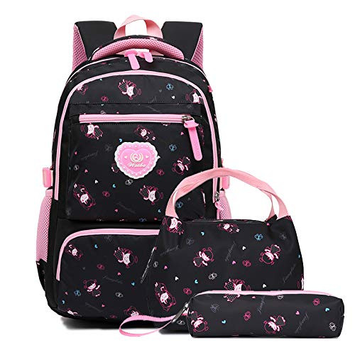 Bansusu 3Pcs Pretty Girls Elementary Bookbag Satchels for Primary Girls School Bag Backpack Set with Lunch Kits