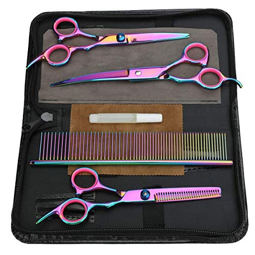 INTSUN Dog Grooming Scissors Kit, Pet Grooming Scissors for Dog Professional Pet Trimmer Kit Grooming Shears Thinning 7-inch Cutting Scissors, Thinning Shear, Curved Scissors, Grooming Comb (Rainbow) INTSUN Dog Grooming Scissors Kit, Pet Grooming Scissors for Dog Professional Pet Trimmer Kit Grooming Shears Thinning 7-inch Cutting Scissors, Thinning Shear, Curved Scissors, Grooming Comb (Rainbow)