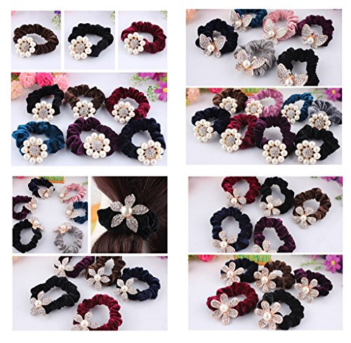 LOVEF 5PCS Pearl Flower Velvet Hair Scrunchies Rhinestone Elastic Hair Bands Ties Ponytail Holder Hair Accessories LOVEF 5PCS Pearl Flower Velvet Hair Scrunchies Rhinestone Elastic Hair Bands Ties Ponytail Holder Hair Accessories