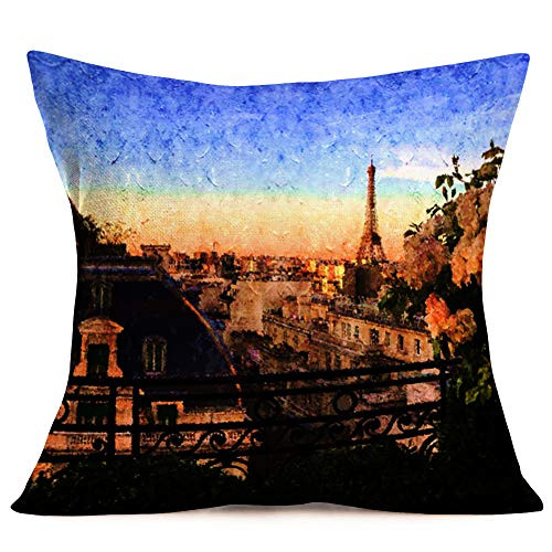 Smilyard Vintage Oil Painting Paris Pillow Covers Cotton Linen Eiffel Tower Decorative Pillow Covers Square Flower Cushion Cover Indoor Outdoor Decor Sofa Couch Bed 18x18 Inches (Paris 03)