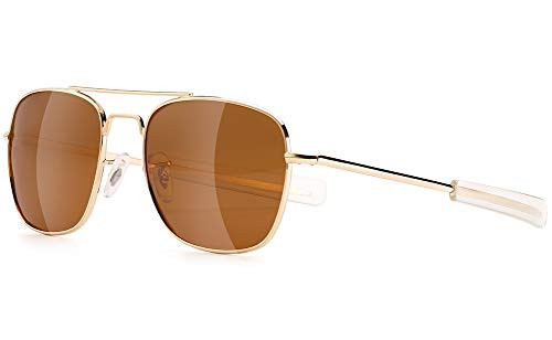 Mens Aviator Sunglasses 55mm Polarized Pilot Military Square Shades with Bayonet Temples (Glod Frame Brown Lens, 55)