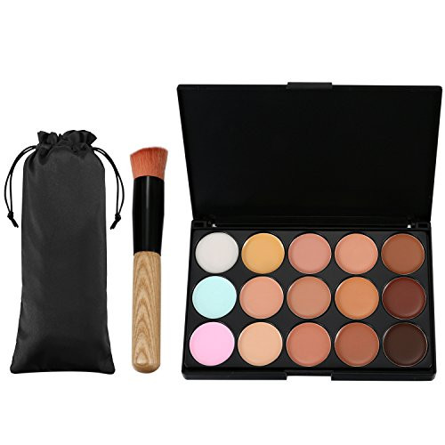 Vtrem 15 Colors Camouflage Concealer Palette Professional Contour Eyeshadow Face Cream Makeup Foundation Kit Combination with Powder Brush for Professional and Daily Use