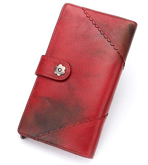 Women Wallet Real Genuine Leather Long Purse Clutch Vintage Cowhide Handmade Card Holder Organizer (Mix Red)
