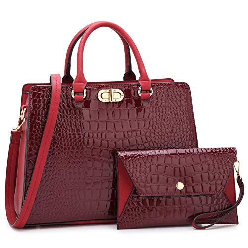 Dasein Women Handbags Satchel Purses Shoulder Bag Top Handle Work Tote for Lady with Matching Wristlet 2pcs Set (Croco wine)