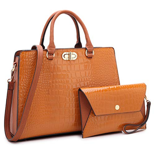 Dasein Women Handbags Satchel Purses Shoulder Bag Top Handle Work Tote for Lady with Matching Wristlet 2pcs Set (Croco brown)