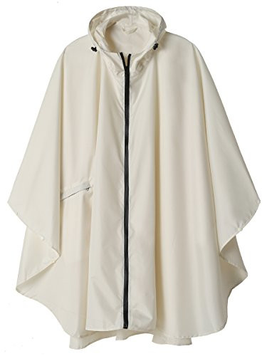 Rain Poncho Jacket Coat for Adults Hooded Waterproof with Zipper Outdoor (Beige)