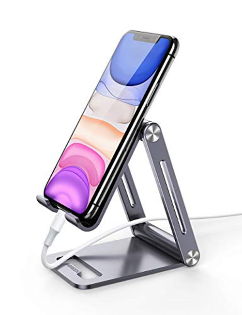 UGREEN Cell Phone Stand Adjustable Aluminum Mobile Phone Holder for Desk Compatible for iPhone 11 Pro Max X SE XS XR 8 Plus 6 7 6S, Samsung Galaxy Note20 S20 S10 S9 S8 S7 Smartphone, Foldable Portable