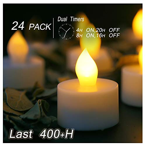 Flameless LED Tea Lights with Timer 400 Hours Long Lasting Flickering Battery Operated Votive Candles Electric Tealights for Halloween Pumpkin Jack O Lantern Christmas Wedding Party Decorations 24 PCS