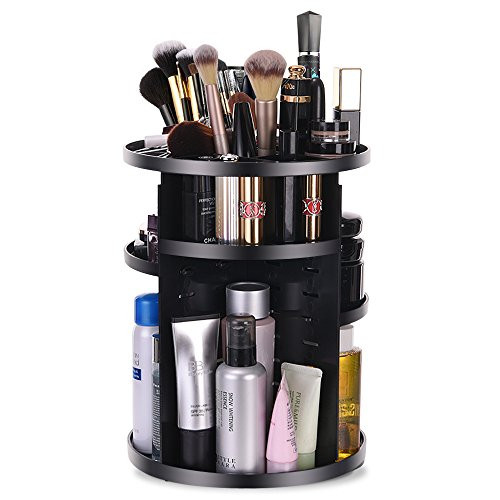 Makeup Organizer 360 Degree Rotating Cosmetic Storage Box, DIY Adjustable Makeup Carousel Holder Storage Rack, Large Capacity Make up Caddy Shelf Cosmetics Organizer Box, Great for Countertop(Black)