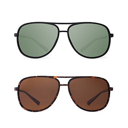 Retro Polarized Aviator Sunglasses Mirror Lightweight Eyeglasses for Men Women 2 Pack (Green & Brown)