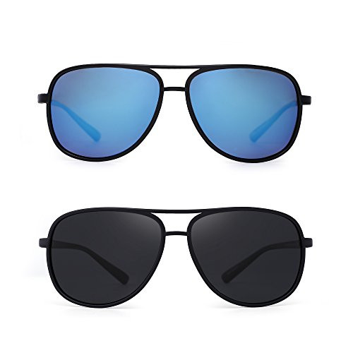 Retro Polarized Aviator Sunglasses Mirror Lightweight Eyeglasses for Men Women 2 Pack (Blue & Grey)