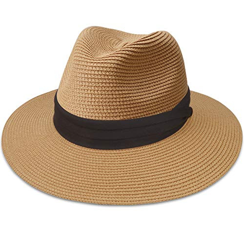 Maylisacc Panama Hat for Women, Wide Brim Beach Straw Sun Hats Foldable Sun-Fedora UPF50 (Khaki SZ)