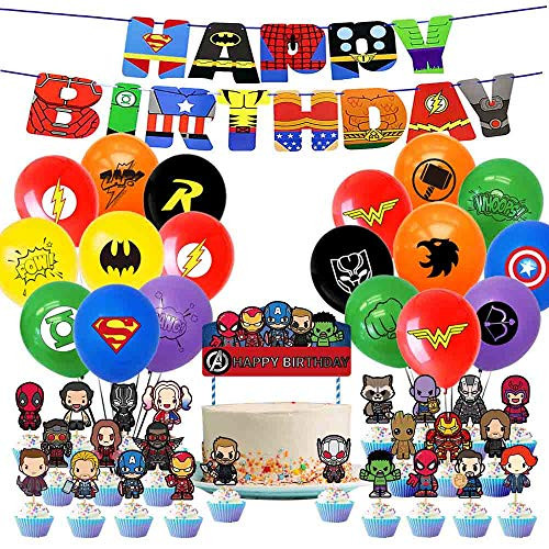 koobets Superhero Avengers Party Supplies-25 Pcs Superhero Cake Toppers,1 Pcs Banner,18 Pcs Balloons for Children Party Decoration Kid's Birthday Party Decoration Supplies