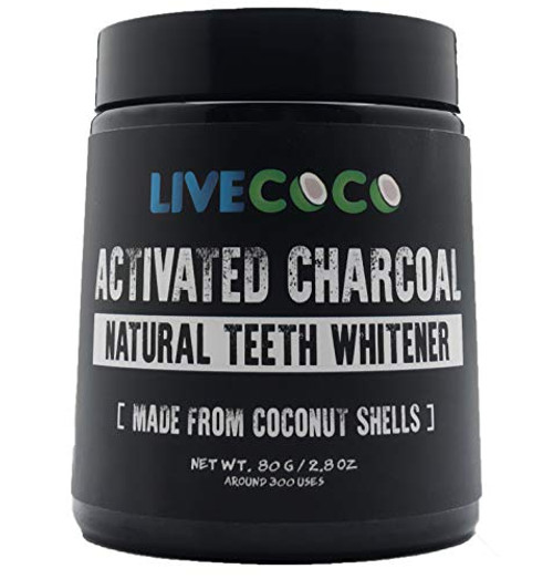 Activated Charcoal for Teeth Whitening, Natural Teeth Whitening Using Coconut Shells, RAW & Food Grade with No Artificial Flavours, 100% Natural, Large Tub, 80g=300 Uses from LiveCoco Activated Charcoal for Teeth Whitening, Natural Teeth Whitening Using Coconut Shells, RAW & Food Grade with No Artificial Flavours, 100% Natural, Large Tub, 80g=300 Uses from LiveCoco