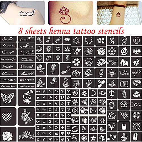 Henna Tattoo Stencils Body Art Face Paint Stencils 8 Sheets Henna Tattoo Designs Templates Temporary Tattoo Sticker Self-Adhesive Glitter Tattoo Stencils Reusable for Adults Women Men Kids.