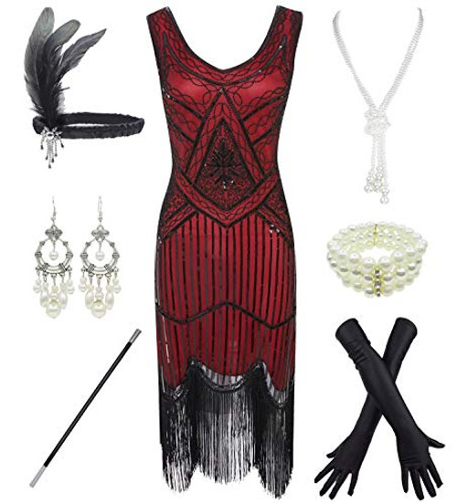 1920s Gatsby Sequin Fringed Paisley Flapper Dress with 20s Accessories Set (XL, Red)