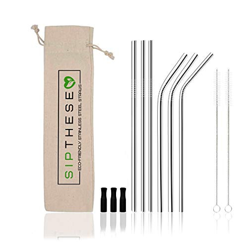 SipThese 6 pc Reusable Stainless Steel Straws With Silicone Tips. Includes 2 Straw Cleaning Brushes With Canvas Travel Bag. Eco Friendly Metal Straws With Silicone Tips And Straw Cleaning Brush