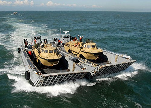 Posterazzi Poster Print Collection Landing Craft Mechanized Boats Transports Two Vehicles Stocktrek Images, (17 x 11), Multicolored
