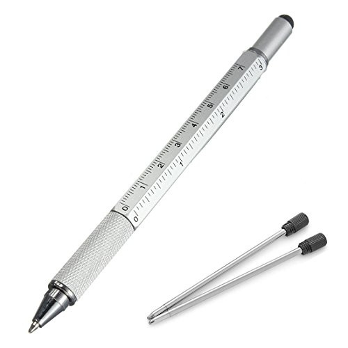 Multifunction Tool Pen, 6 in 1 Tool with Ballpoint Pen, Touch Screen Stylus, Ruler, Spirit Level, Flat-head and Phillips Screwdriver, All-in-One Tech-Tool Pen with Ink Refills (Silver + 2×Refills)