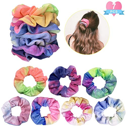 7pcs Tie Dye Scrunchies Prime,Girl's Gradient Hair Scrunchies Rainbow Cotton Hair Scrunchies Set Strong Elastic Hair Bobbles For Ponytail Holder, Girls Scrunchies For Hair Traceless Hair Ties