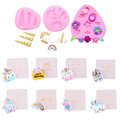 Mini Unicorn Candy Mold, Food Grade Silicone Unicorn Mold Horn Ears Flower Cupcake Toppers Fondant Cake Cookies Jelly Chocolate Mold Set