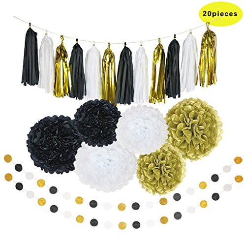 Leimdu 20 Pcs Tissue Paper Pom Poms Flowers Tissue Tassel Garland Polka Dot Paper Garland Kit for Wedding Party Decorations (Black)