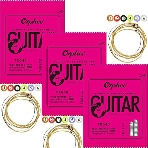 3 Packs Orphee TX640 Colorful Ball-End Phosphor Bronze Acoustic Guitar Strings Light (012-053)