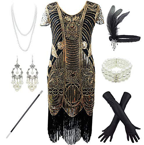 Women 1920s Sequins Gatsby Cocktail Flapper Dresses with 20s Headband Accessories Set (M, Black)
