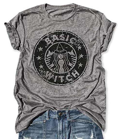 LANMERTREE Women Funny T Shirt Basic Witch Letter Print Tees Short Sleeve O-Neck Casual Tops Blouse (XL, Grey)