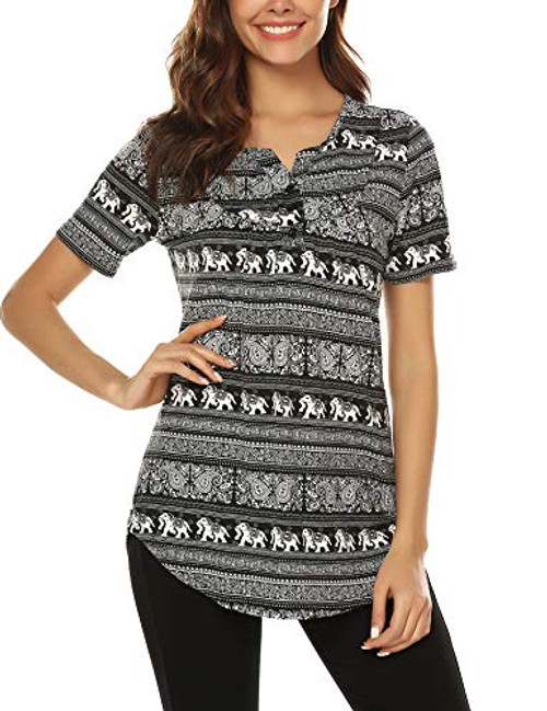 URRU Women's Casual Paisley Printed Shirt Short Sleeve Henley Flare Tunic V Neck Pleated Blouses Tops Black S URRU Women's Casual Paisley Printed Shirt Short Sleeve Henley Flare Tunic V Neck Pleated Blouses Tops Black S